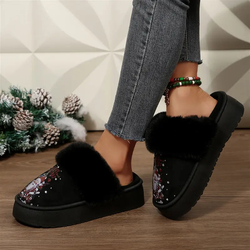 Adorable Women'S Christmas Slippers with Sparkling Santa Print Winter Warm Mini Snow Boots House Indoor Outdoor Shoes