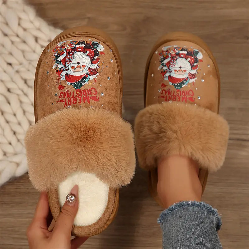 Adorable Women'S Christmas Slippers with Sparkling Santa Print Winter Warm Mini Snow Boots House Indoor Outdoor Shoes