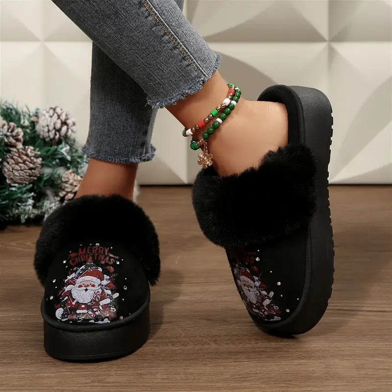 Adorable Women'S Christmas Slippers with Sparkling Santa Print Winter Warm Mini Snow Boots House Indoor Outdoor Shoes