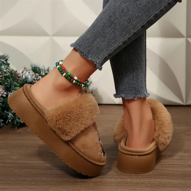Adorable Women'S Christmas Slippers with Sparkling Santa Print Winter Warm Mini Snow Boots House Indoor Outdoor Shoes