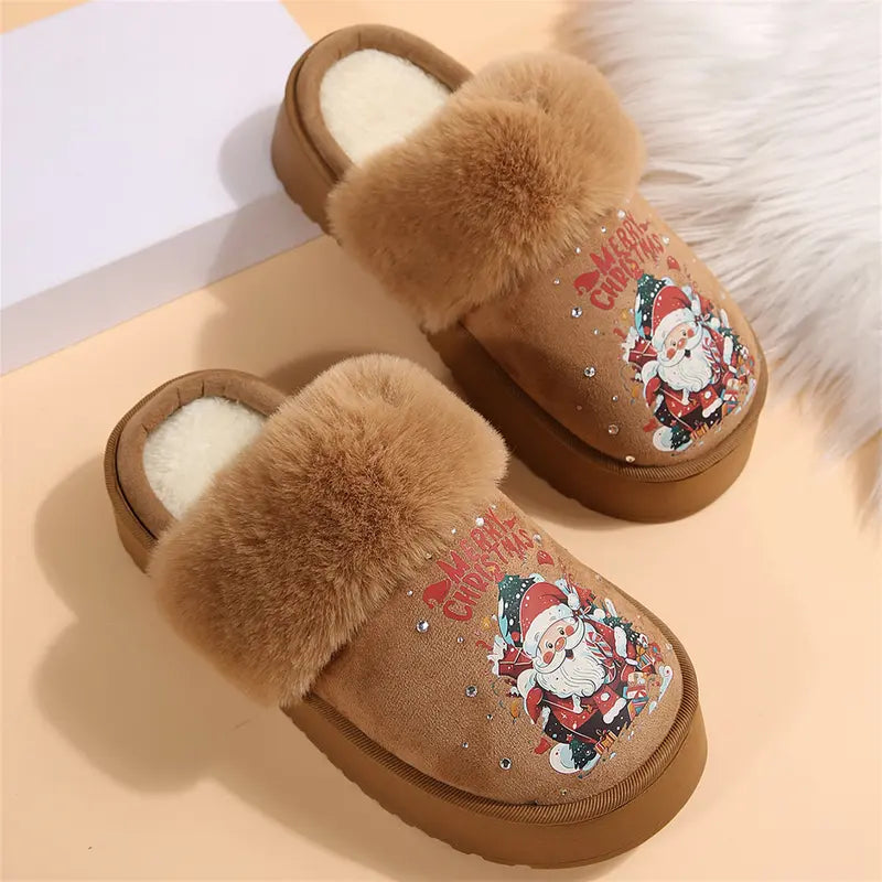 Adorable Women'S Christmas Slippers with Sparkling Santa Print Winter Warm Mini Snow Boots House Indoor Outdoor Shoes